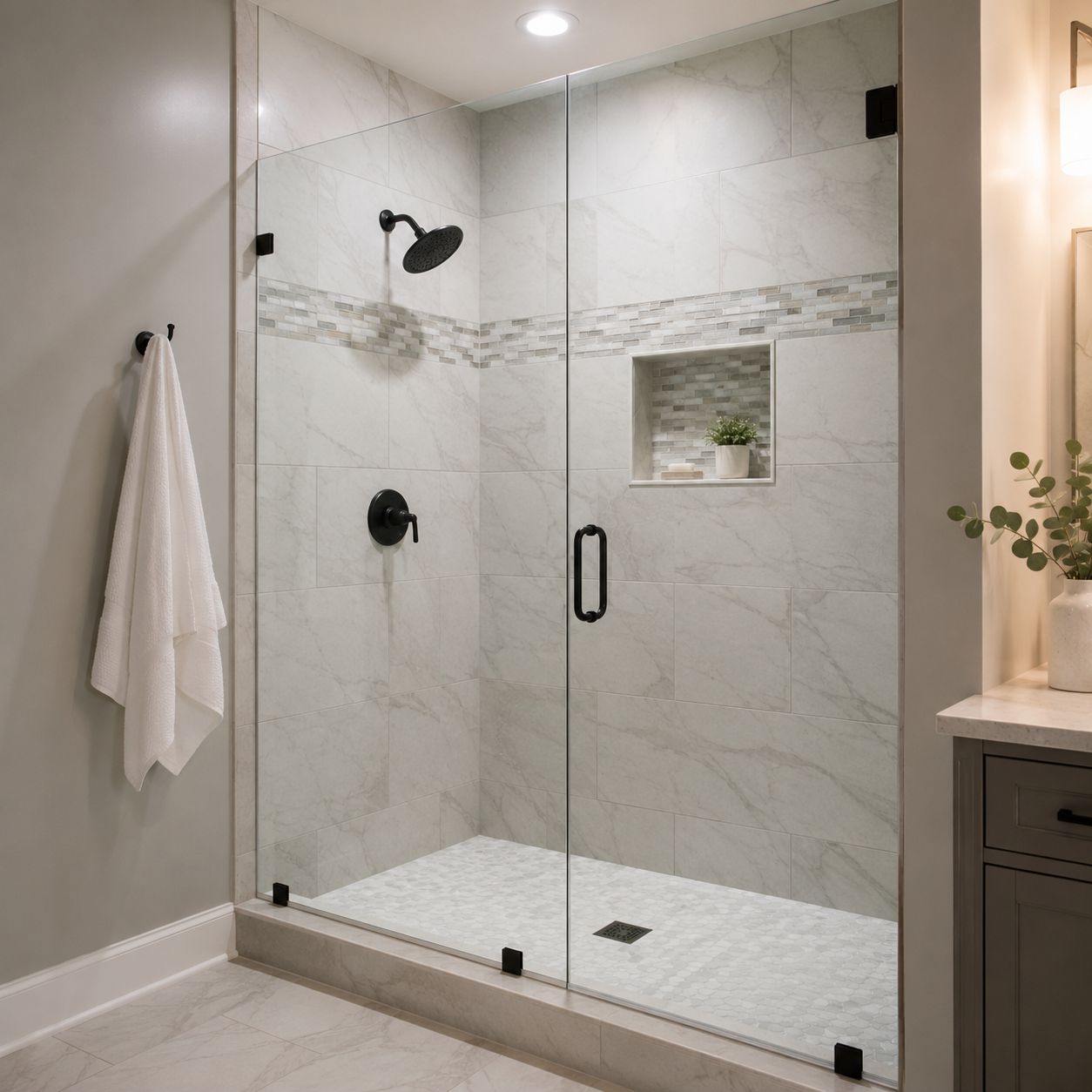 New tile, glass enclosure, and fixtures